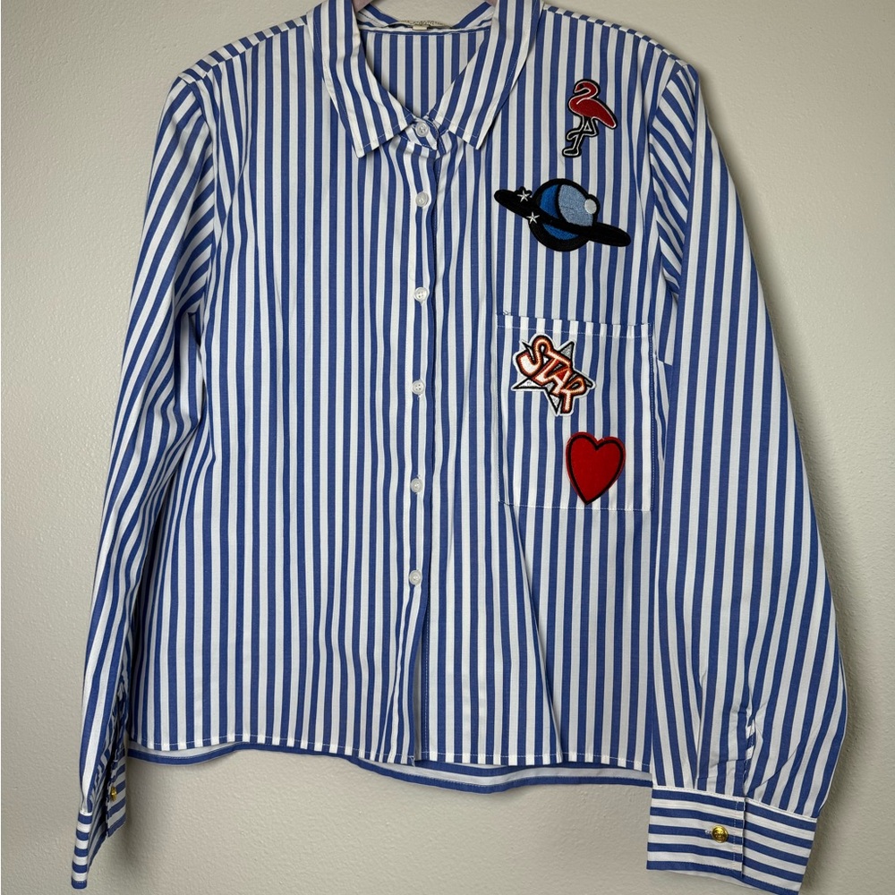 Women's Blue & White Striped Button-Down Shirt with Patch Details